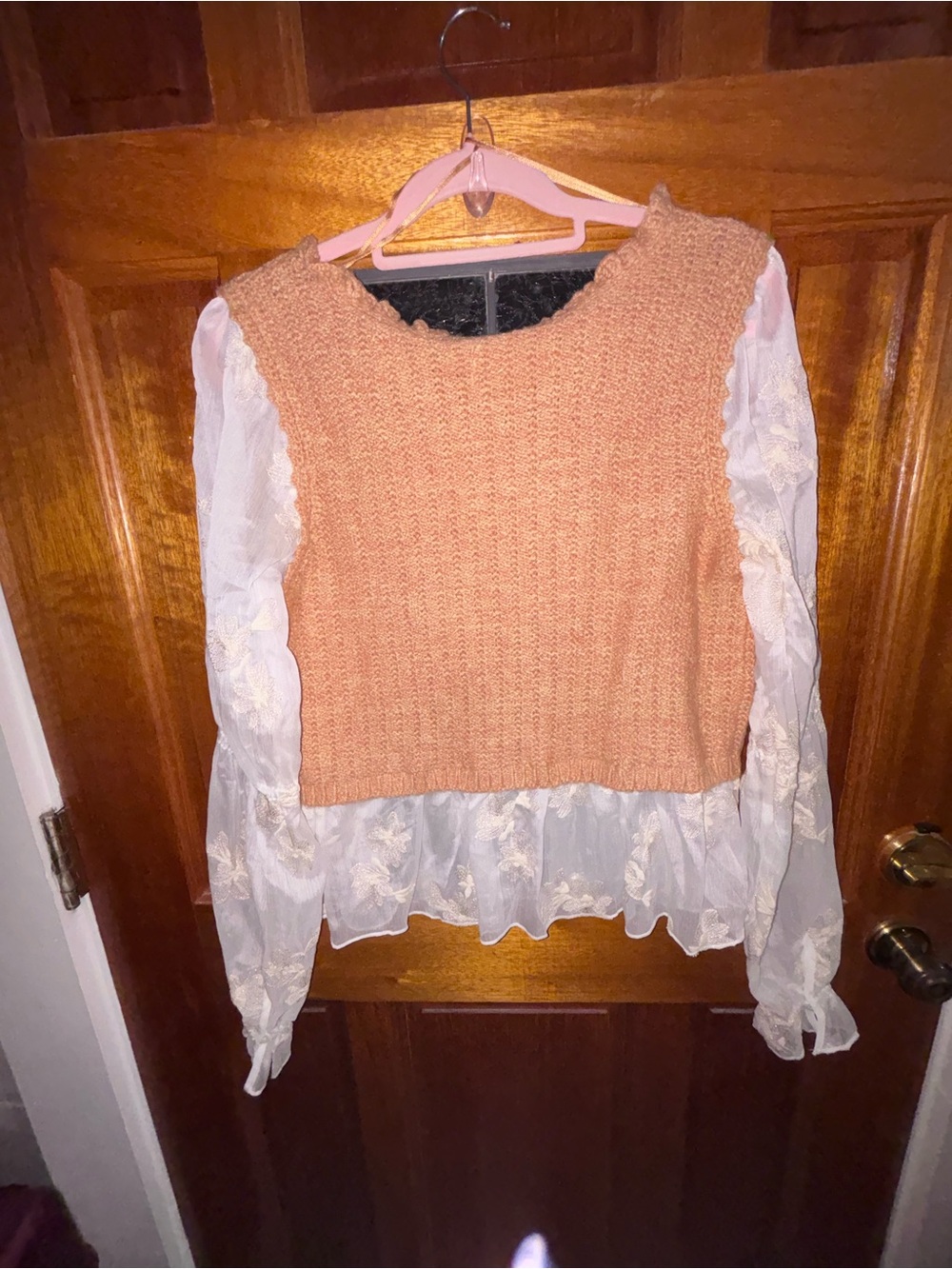 Anthropologie Peach Knit Overlay Top with Sheer White Embroidered Sleeves